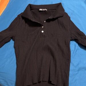 Zara Black Ribbed Long Sleeve Polo